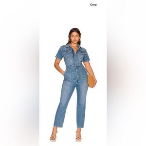 Good American Cropped Short-Sleeve Denim Jumpsuit - Blue